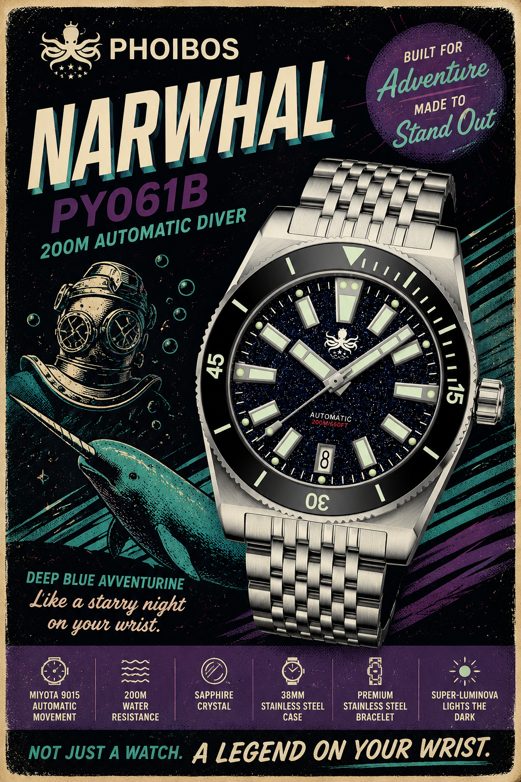 PHOIBOS Narwhal PY061B – Dark Blue Aventurine – 200M Automatic Diver "High Beat" Movement