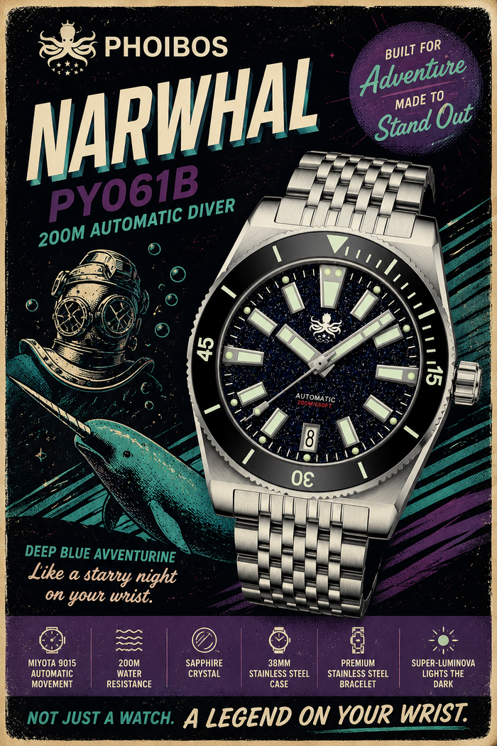 PHOIBOS Narwhal PY061B – Dark Blue Aventurine – 200M Automatic Diver "High Beat" Movement