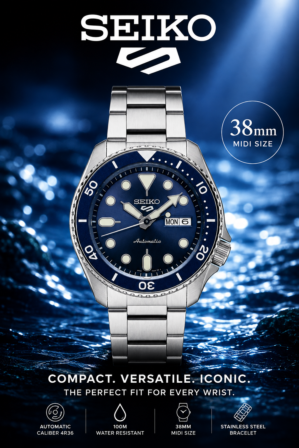 Seiko 5 Sports 38mm "Midi Size" Automatic – Blue Dial – NEW