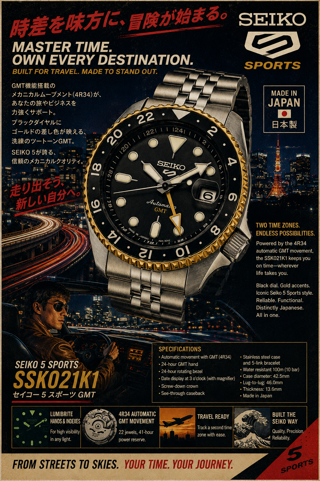 Seiko 5 Sports SSK021 GMT – Charcoal Dial with Gold Accents — view 5
