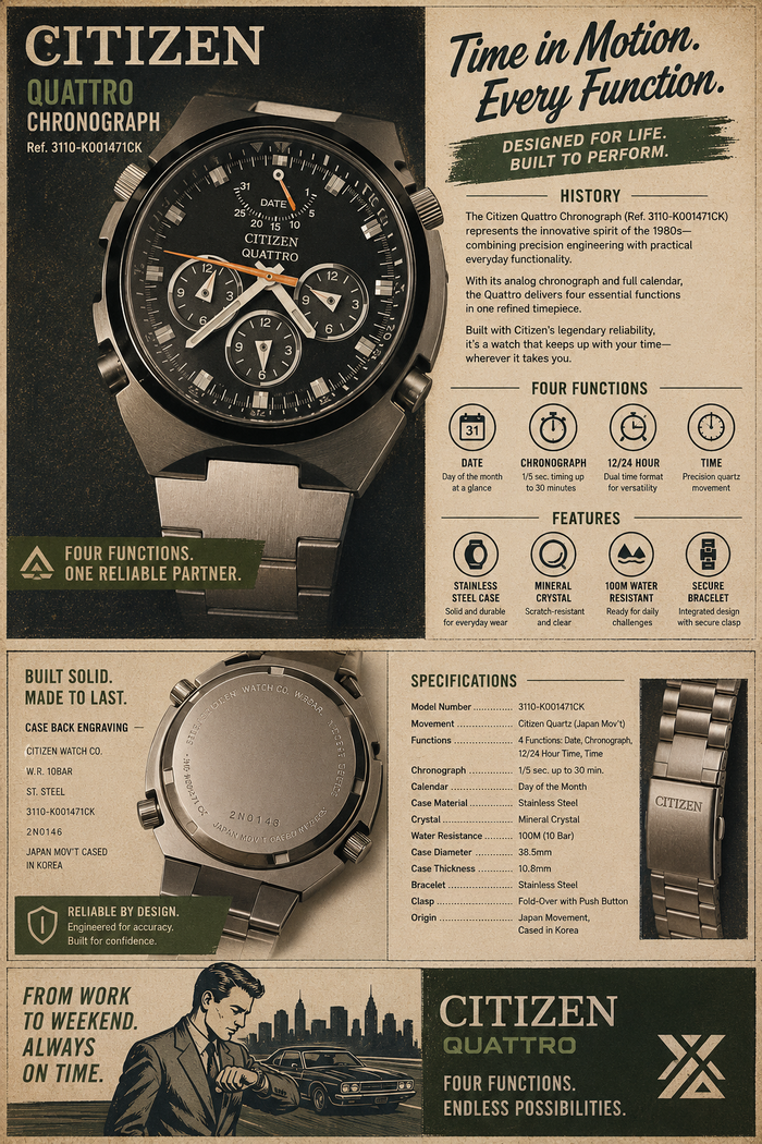 CITIZEN QUATTRO CHRONOGRAPH Ref. 3110-K001471CK “Four Functions. One Distinctive Era.”
