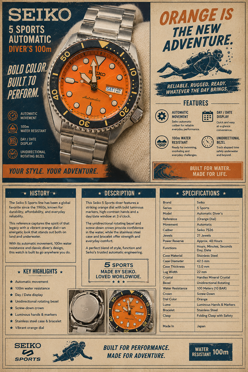 SEIKO 5 SPORTS SRPD59K1 AUTOMATIC Orange Dial Diver Style “Orange Is The New Adventure.”