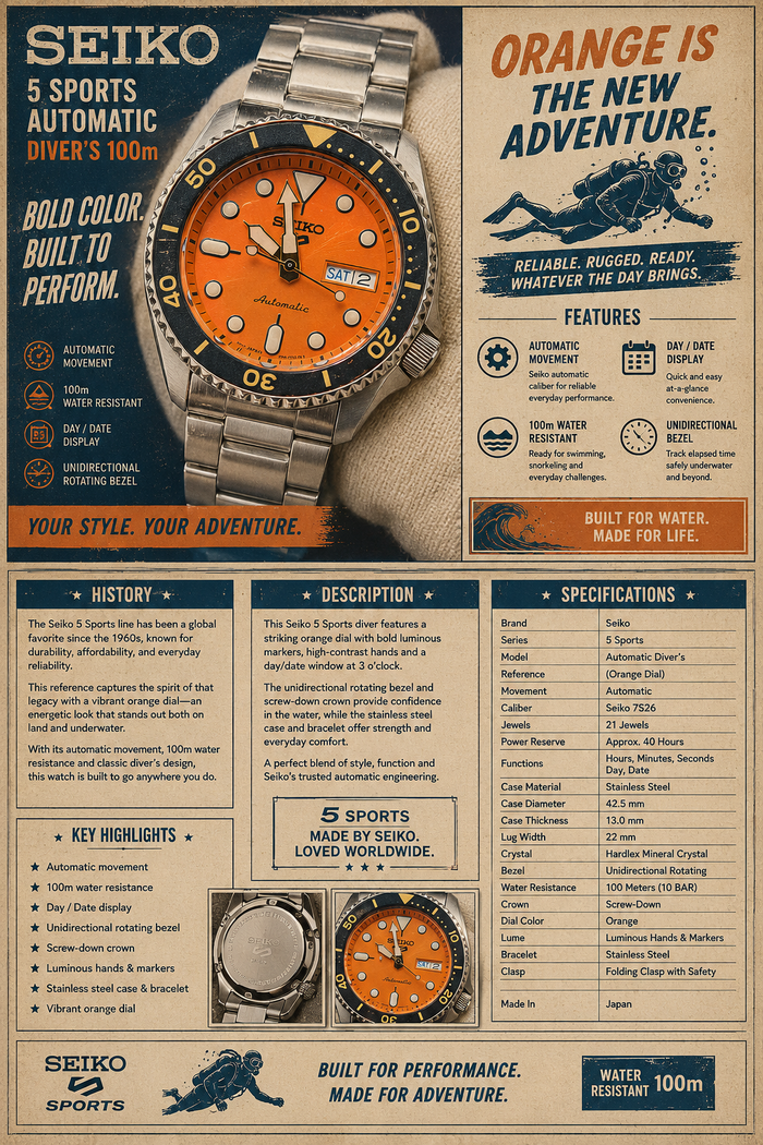 SEIKO 5 SPORTS SRPD59K1 AUTOMATIC Orange Dial Diver Style “Orange Is The New Adventure.”
