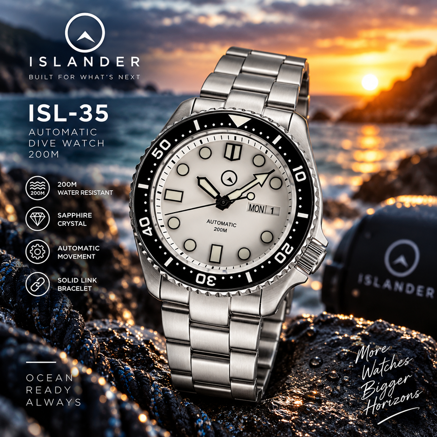 Islander ISL-35 White Dial Automatic Dive Watch – Sapphire Crystal – Luminous Ceramic Bezel – 200M