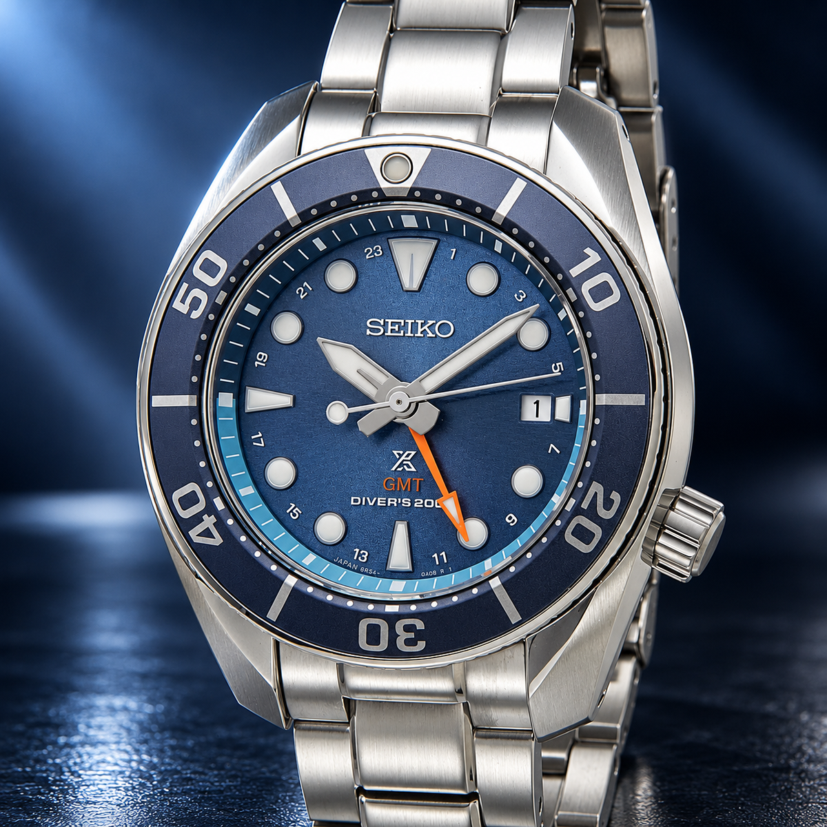 Seiko Prospex SFK001J1 “Sumo” Solar GMT — Blue Dial, 45mm