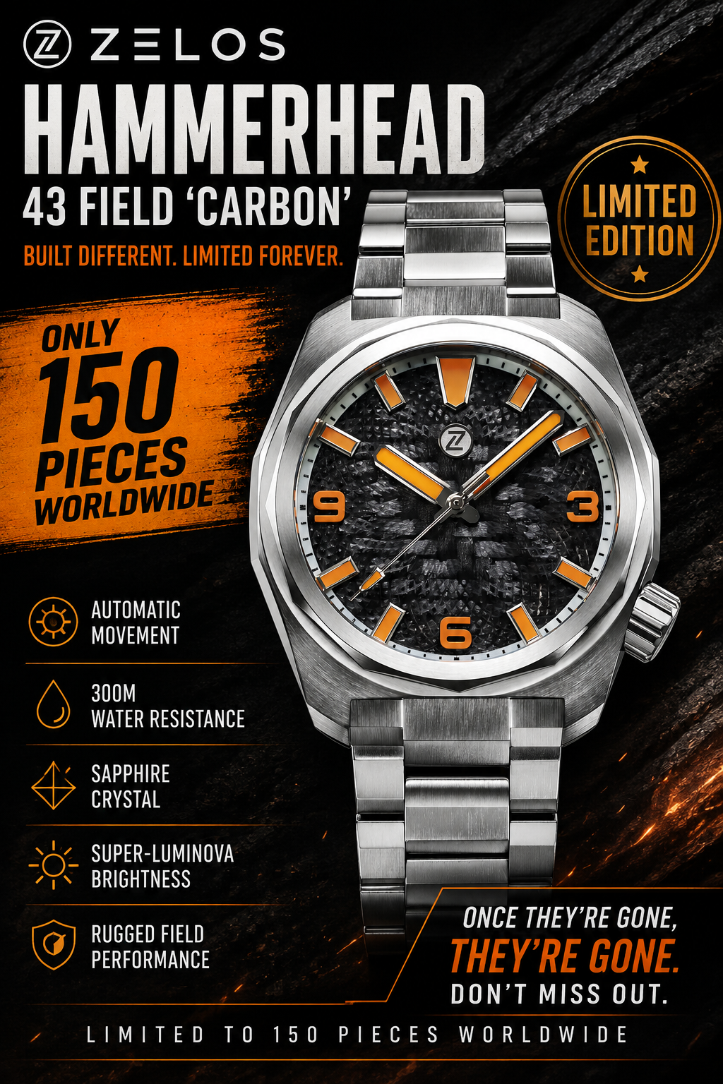 Zelos Hammerhead 43 Field “Carbon” Automatic 300M NUMBERED LIMITED EDITION