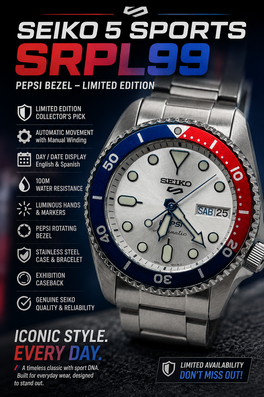 Seiko 5 Sports SRPL99 – Limited Edition Automatic – Pepsi Bezel