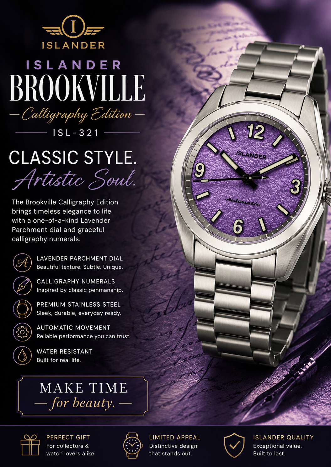 Islander Brookville Calligraphy Edition – Lavender Parchment Dial – ISL-321 — view 17