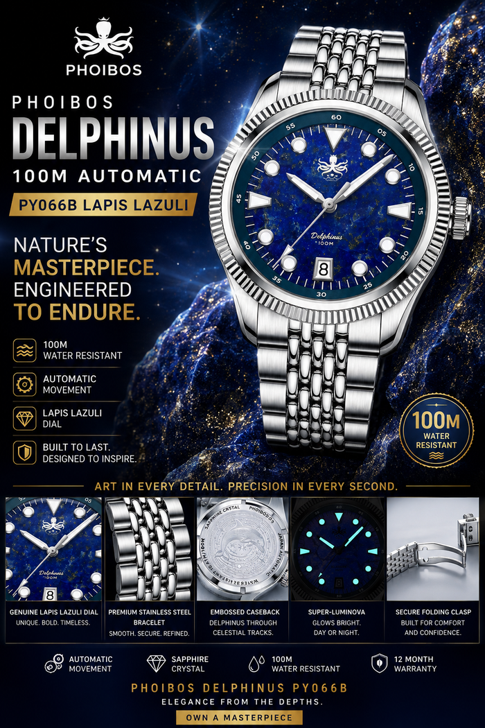 PHOIBOS Delphinus 100M Automatic Watch PY066B Lapis Lazuli "High Beat" Movement