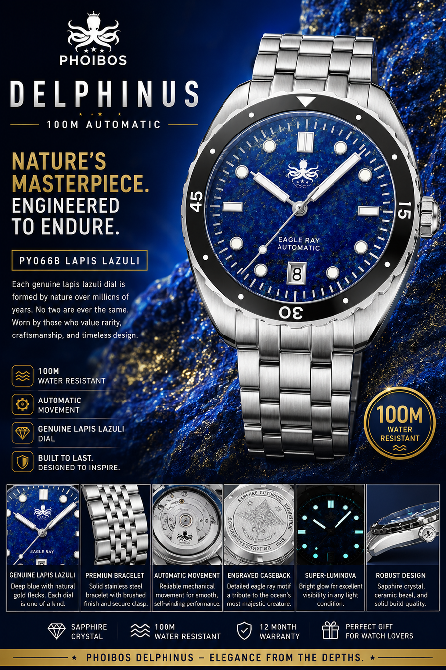 PHOIBOS Eagle Ray PY065BD – Genuine Lapis Lazuli Dial Automatic