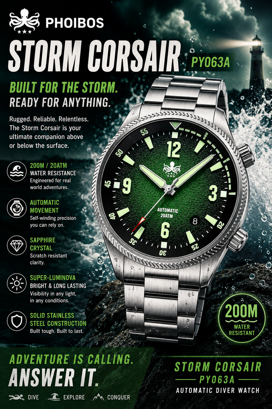 PHOIBOS Storm Corsair PY063A – Green – 200M Automatic Diver