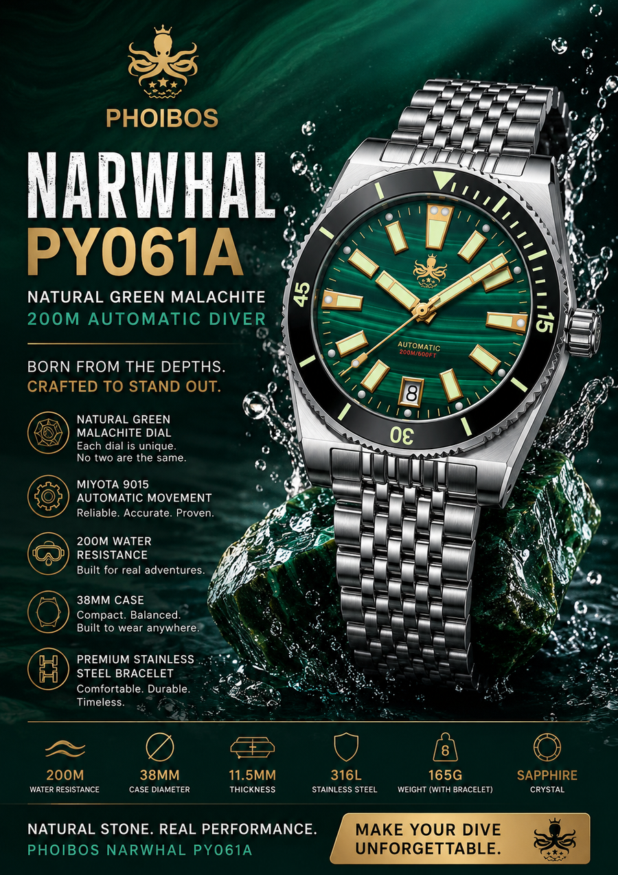 PHOIBOS Narwhal PY061A – Natural Green Malachite – 200M Automatic Diver