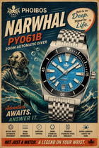 PHOIBOS Narwhal PY061D – Vintage Blue – 200M Automatic Diver "High Beat" Movement view 1