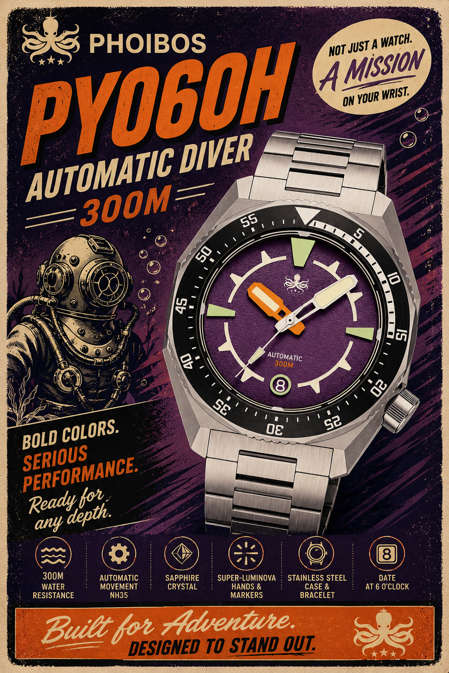 PHOIBOS Depth Hunter PY060H – Purple – 300M Automatic Diver "High Beat" Movement