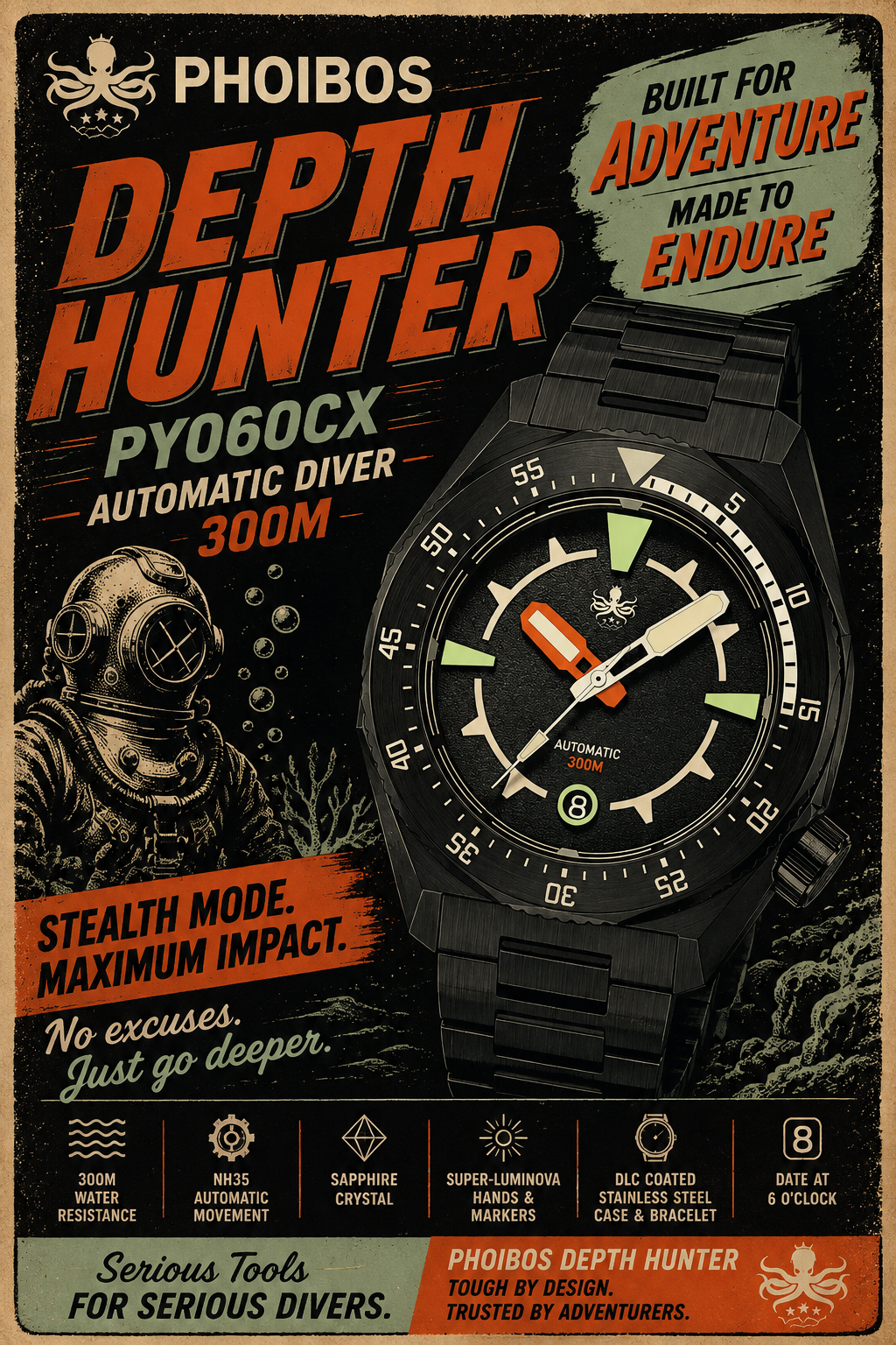 PHOIBOS Depth Hunter DLC PY060CX – Black – 300M Automatic Diver