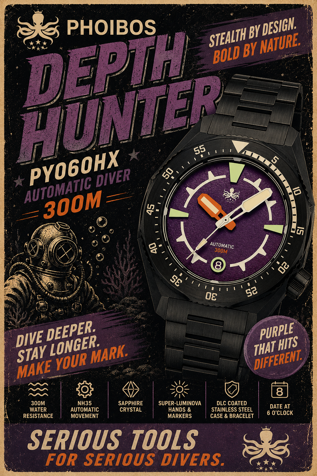 PHOIBOS Depth Hunter DLC PY060HX – Purple – 300M Automatic Diver