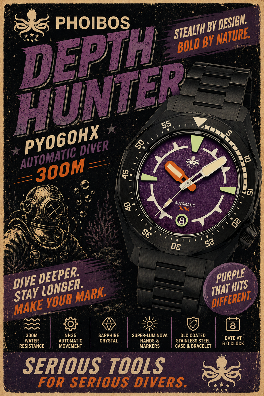 PHOIBOS Depth Hunter DLC PY060HX – Purple – 300M Automatic Diver