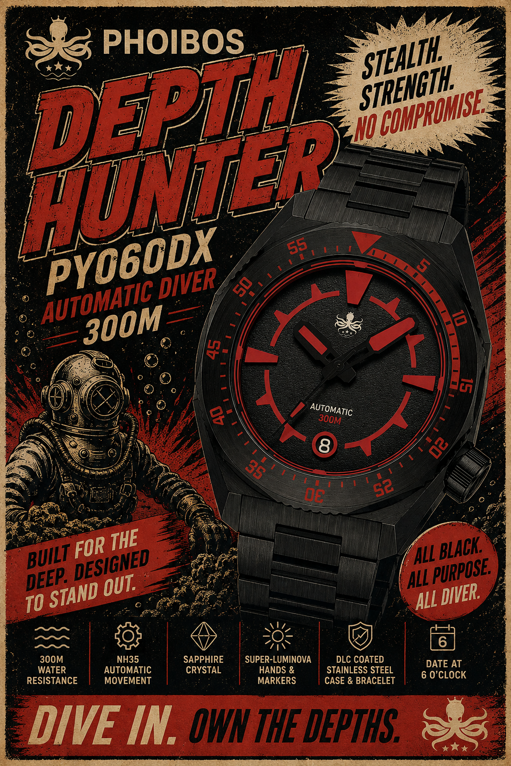 PHOIBOS Depth Hunter DLC PY060DX – Black – 300M Automatic Diver "High Beat" Movement