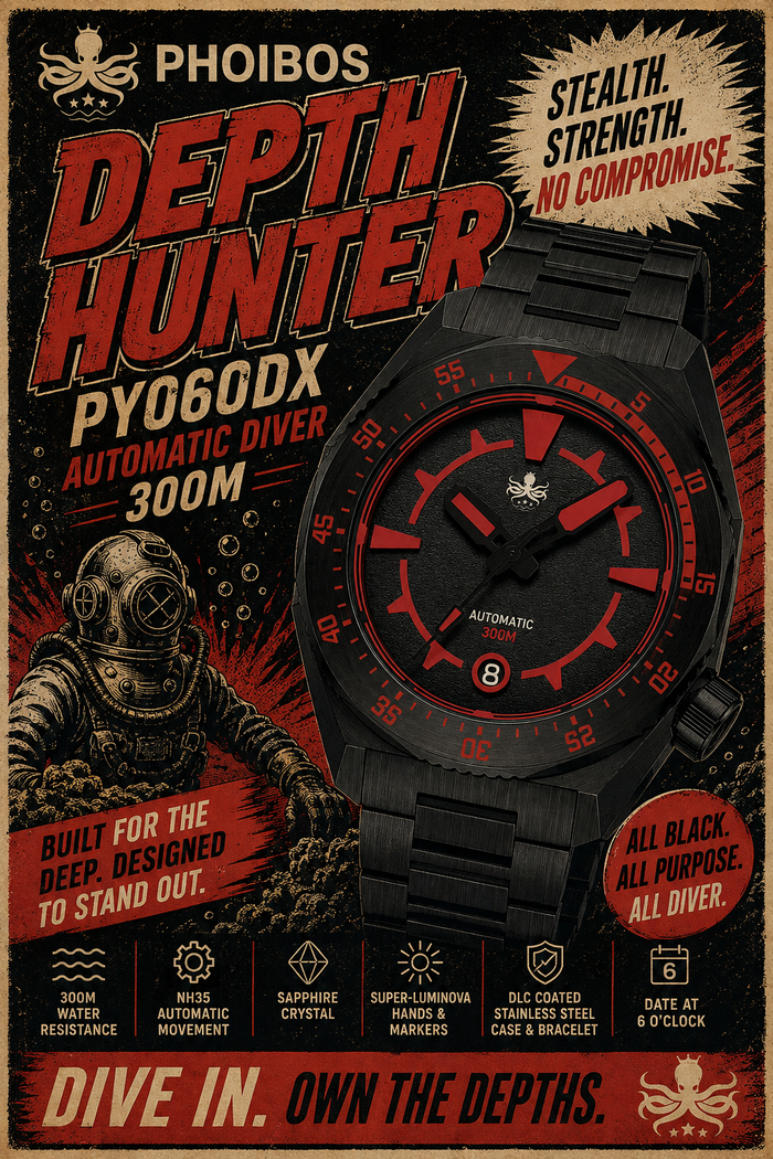 PHOIBOS Depth Hunter DLC PY060DX – Black – 300M Automatic Diver "High Beat" Movement