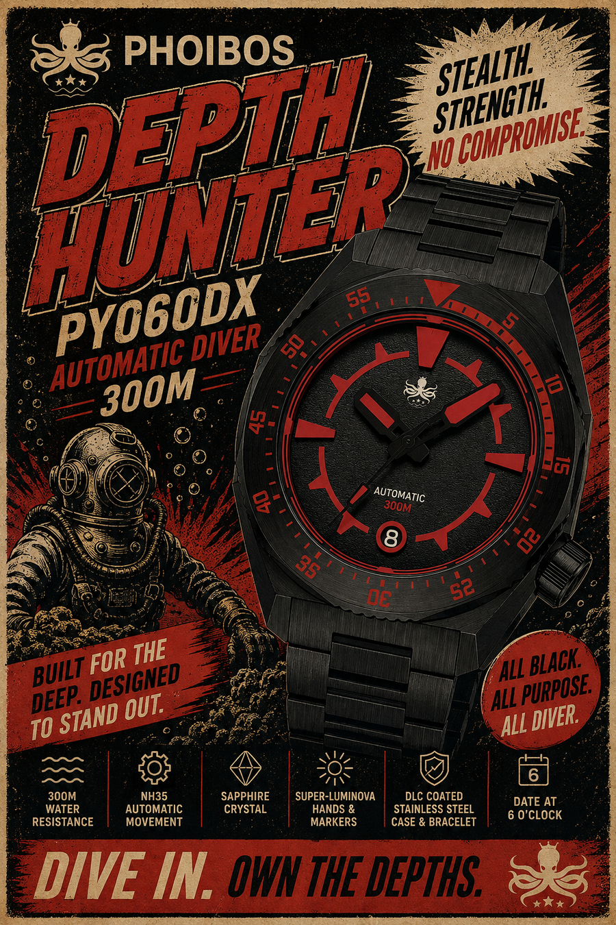 PHOIBOS Depth Hunter DLC PY060DX – Black – 300M Automatic Diver "High Beat" Movement
