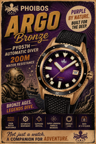 PHOIBOS Argo Bronze PY057H – Spiral Sunray Purple – 200M Automatic Diver "High Beat" Movement view 1