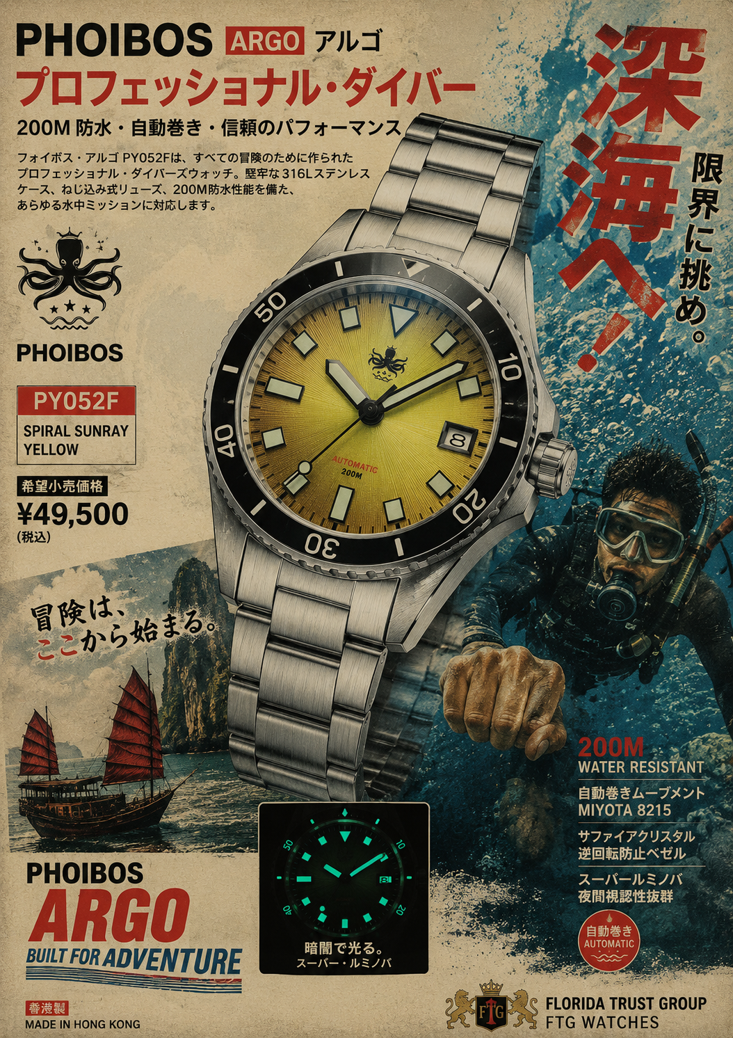 PHOIBOS Argo 200M Automatic Diver Watch PY052F Spiral Sunray Yellow — view 2
