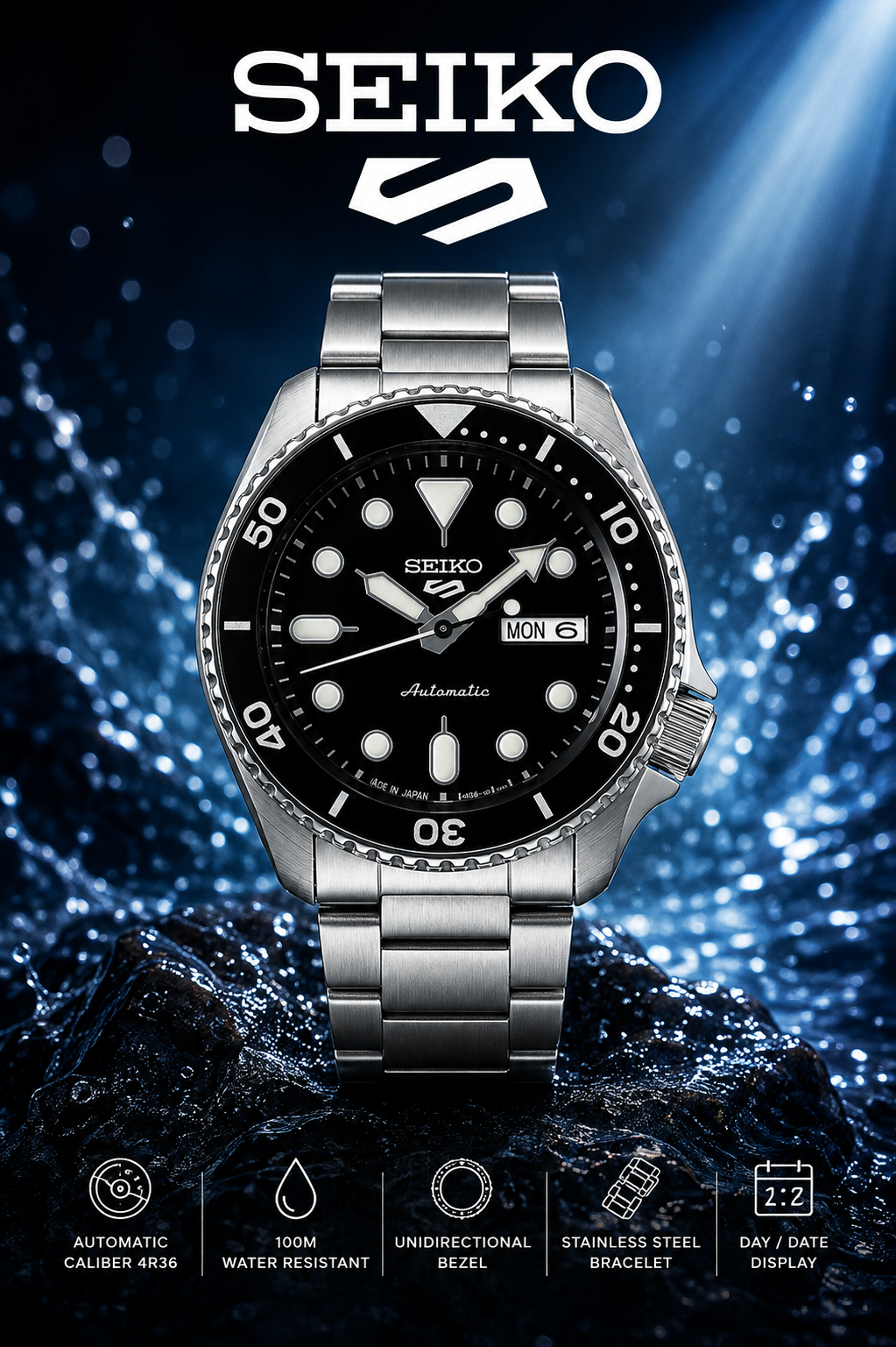 Seiko 5 Sports SRPD55K1 Automatic "Black Dial" – New – Ready to Ship