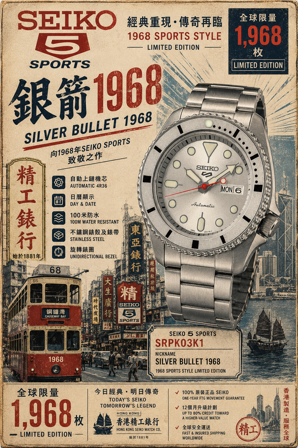 Seiko 5 Sports SRPK03 Limited Edition "Silver Bullet 1968"