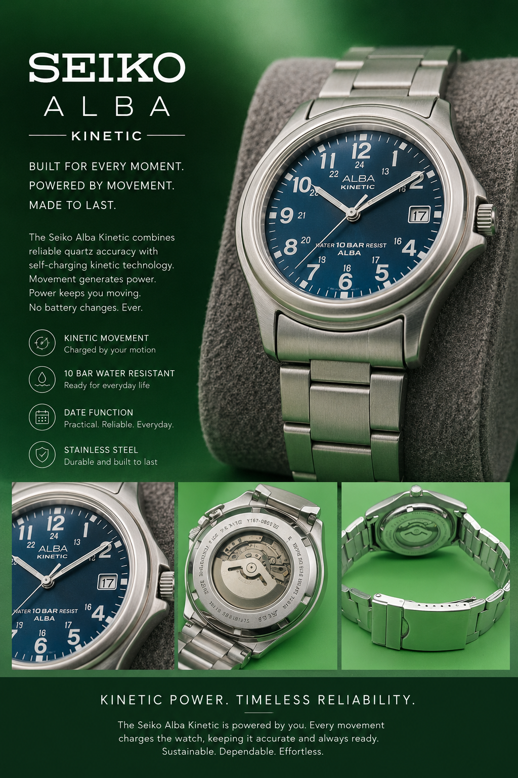 Seiko Alba Kinetic YT57-0B60 Blue Dial Field Watch 10 BAR Stainless Steel — view 7
