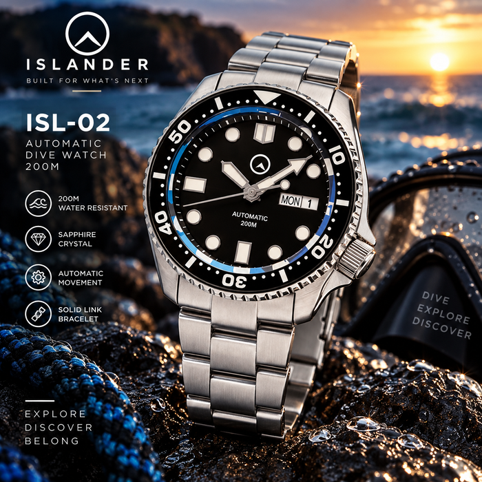 Islander ISL-02 Automatic Dive Watch – Black Dial – Sapphire Crystal – Luminous Ceramic Bezel – 200M