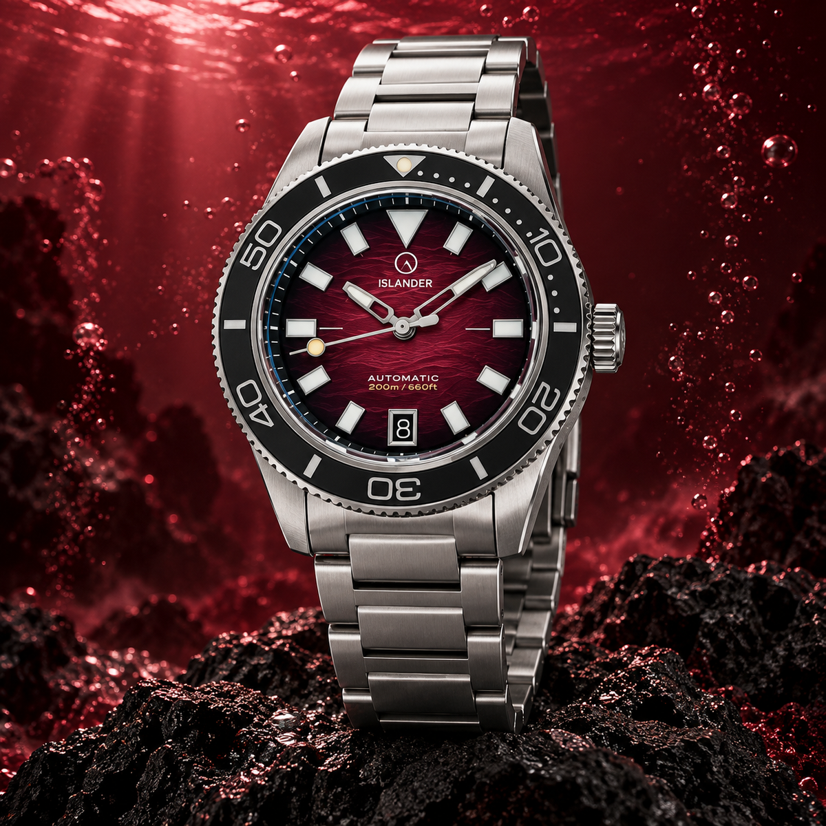 Islander Bayport ISL-310 – Maroon Wave Dial – 200M Automatic Dive Watch — view 10