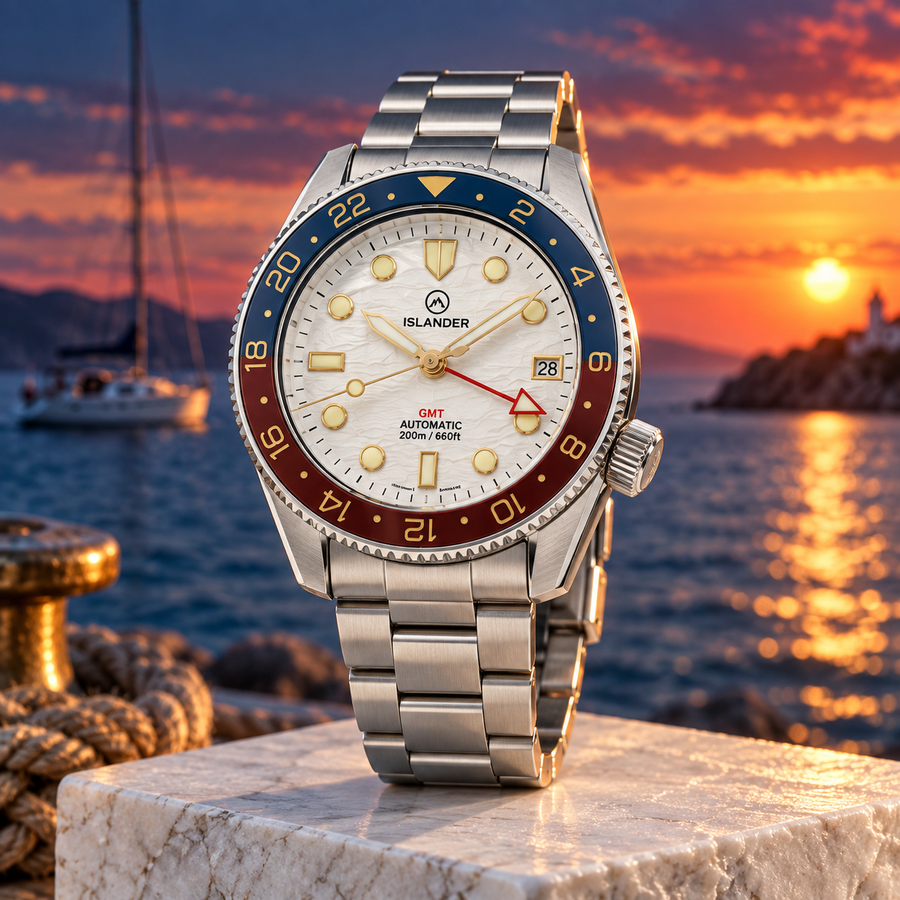 Islander JFK Automatic GMT ISL-206 – White Cloud Dial &amp; Pepsi Bezel – 200M