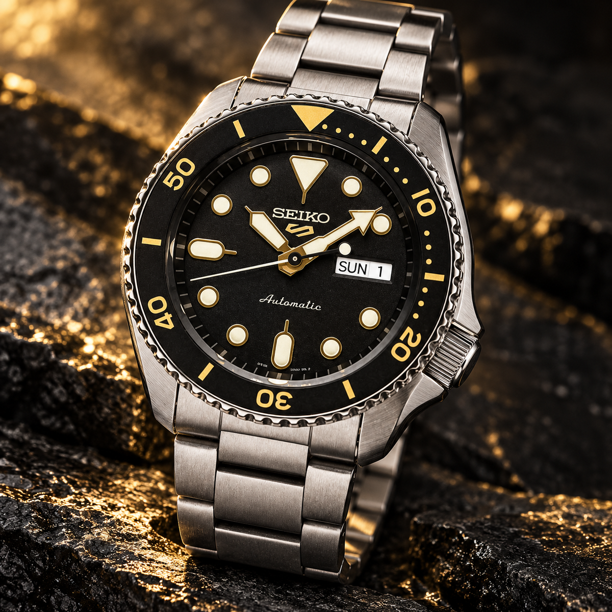 Seiko 5 Sports SRPD57K1 – Black Dial with Gold Accents