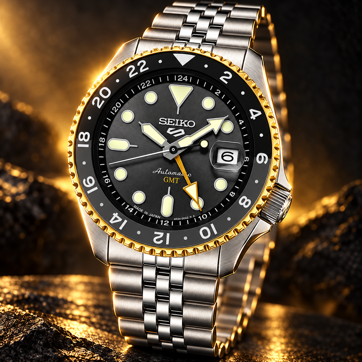 Seiko 5 Sports SSK021 GMT – Charcoal Dial with Gold Accents