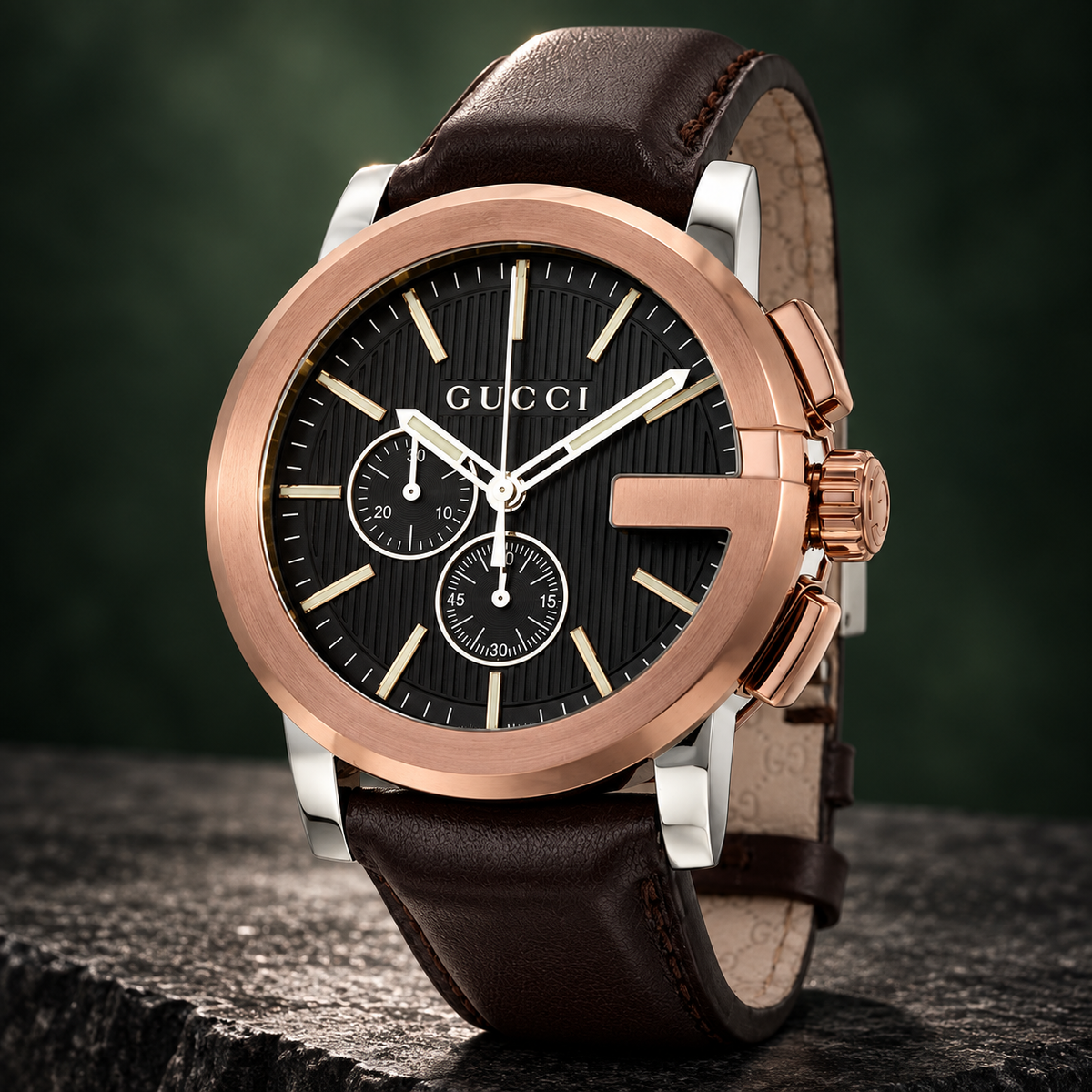 Gucci G-Chrono XL YA101202 Chronograph – Black Dial, Brown Leather, 44mm